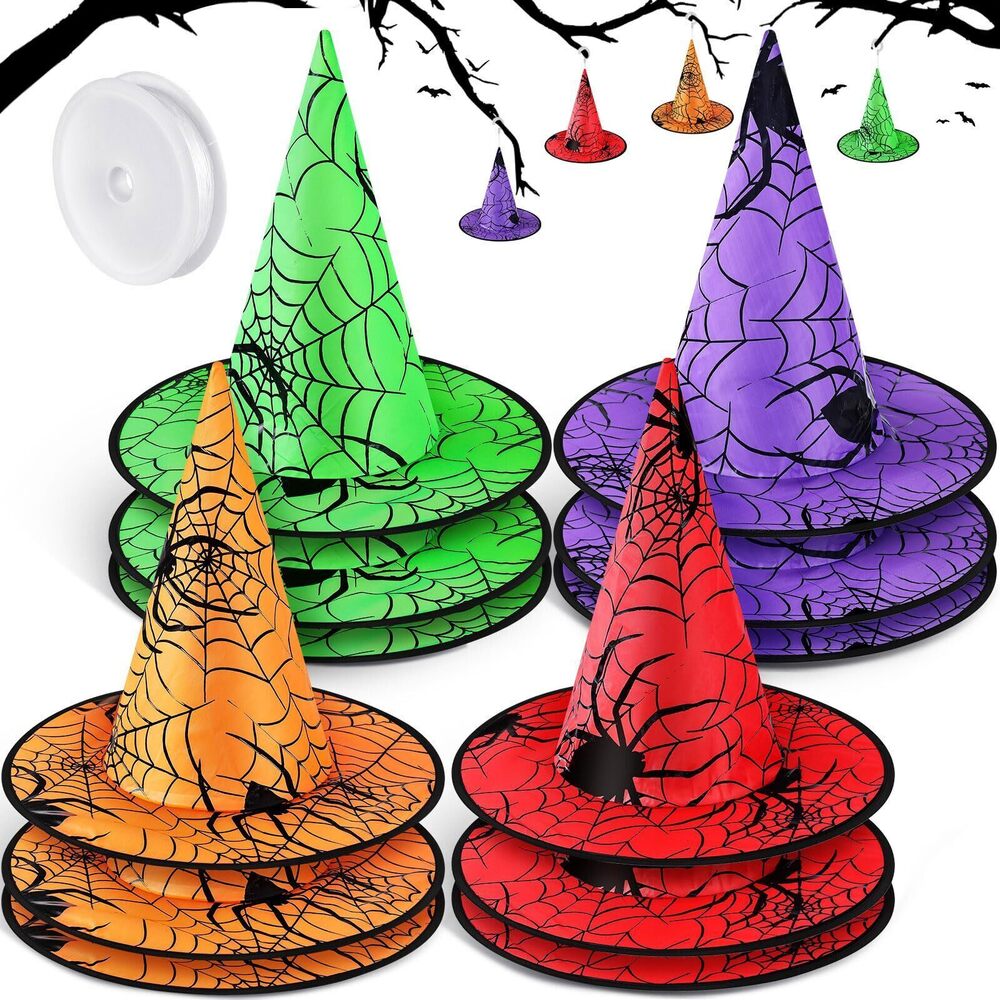 1816 12 Pcs Halloween Witch Hat Bulk Hanging Decor with Rope Costume
